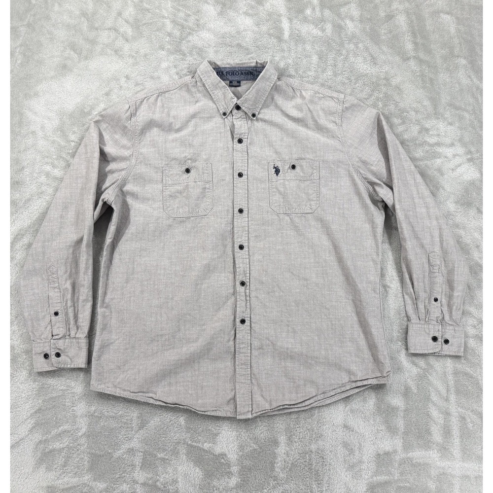US Polo Assn Shirt Mens 2XL Gray Textured Pique Knit Cotton Preppy Button Down